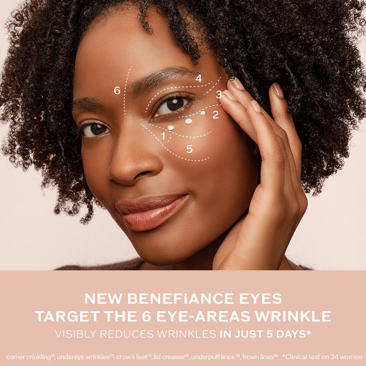 Shiseido Benefiance ögonkräm anti-age 15 ml visar 6 målområden för rynkor på en modell för slätare hy.