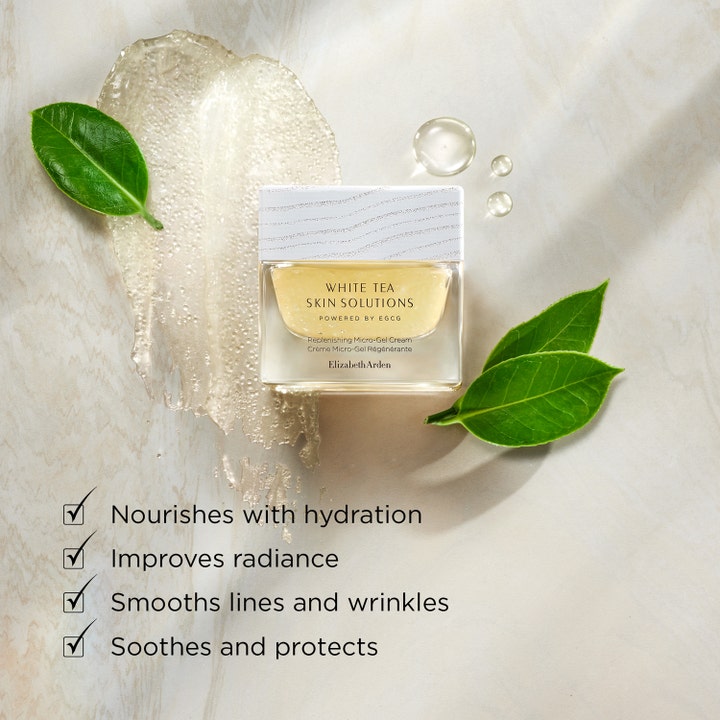 Elizabeth Arden White Tea Skin Solutions 50 ml är en lystergivande microgelkräm visad med krämig textur och gröna teblad.