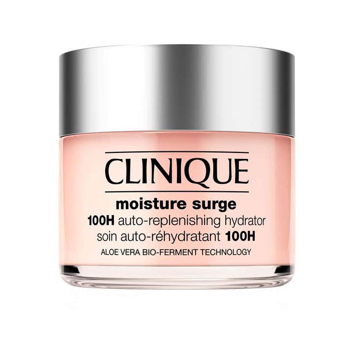Clinique Moisture Surge 100H återfuktande ansiktskräm i glasburk med ljusrosa gelkräm och silverlock.