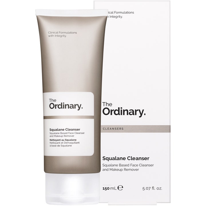 The Ordinary Squalane Cleanser 150 ml sminkborttagning i grå tub med tillhörande vit ytterkartong