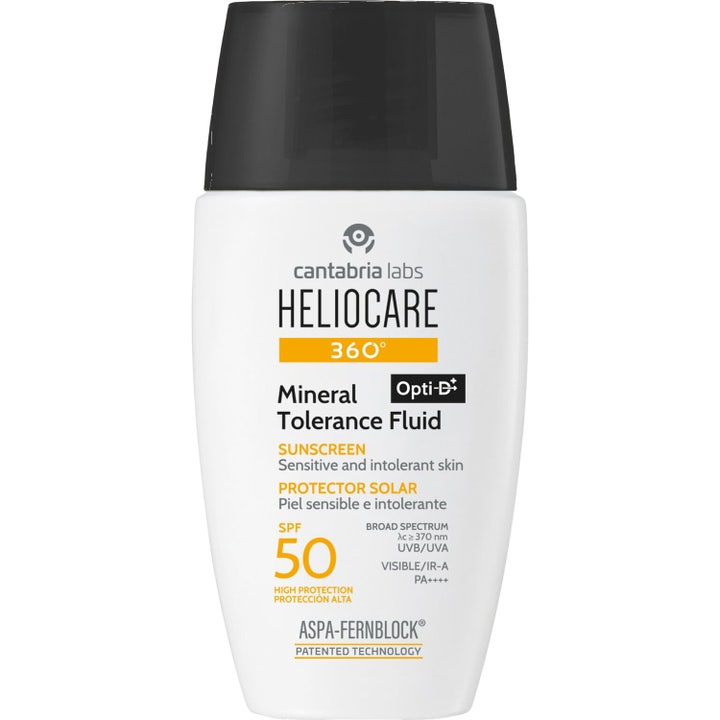 Heliocare 360° Mineral Tolerance Fluid 50 ml ger bredspektrum solskydd för känslig hud i vit plastflaska med svart lock.