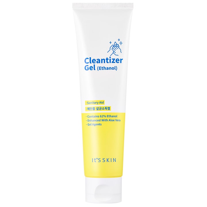 It'S SKIN Cleantizer Gel handsprit gel med vårdande aloe vera i en vit och gul plasttub med vitt lock.