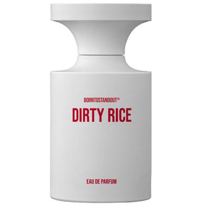 BornToStandOut Dirty Rice Eau de Parfum 100 ml parfym i en stilren vit flaska med röd text och matchande vit kork