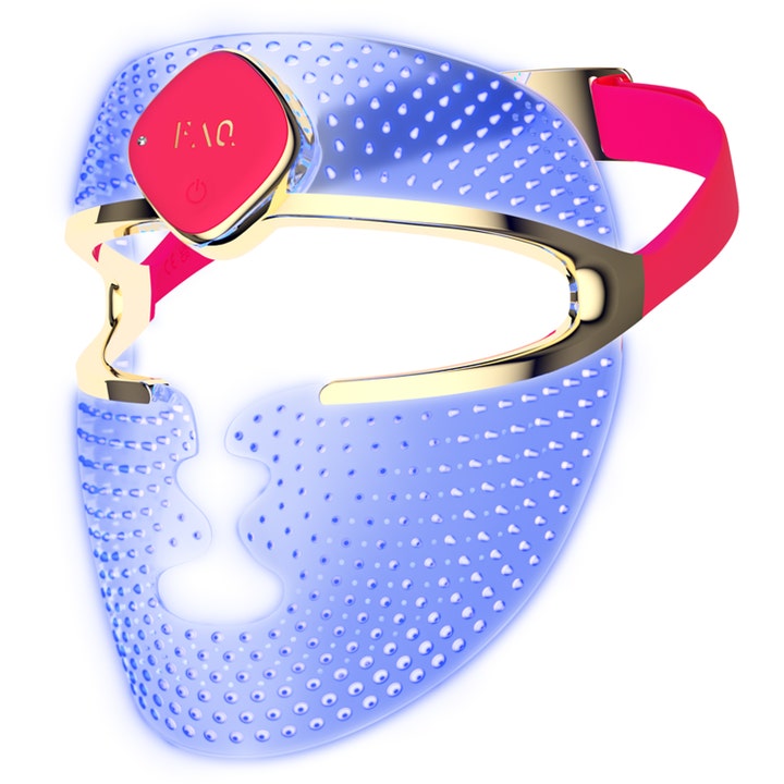 FAQ Swiss 201 Silicone RGB LED Face Mask 1 st lystergivande led ansiktsmask i blå silikon med guld och rosa detaljer