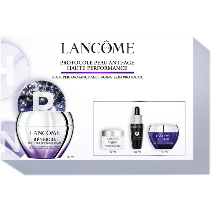 Lancôme Rénergie anti-age set 4 produkter mot rynkor i vit box med lyxiga burkar i silver och lila samt svart serum.