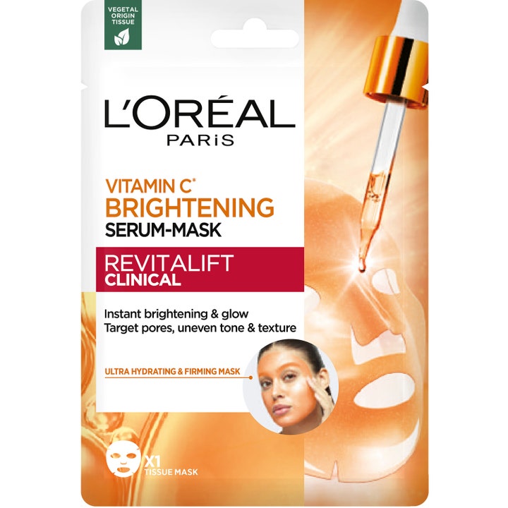 L'Oréal Revitalift Clinical Vitamin C Serum-Mask 1 st ljusande återfuktande ansiktsmask i vit och orange sachet.