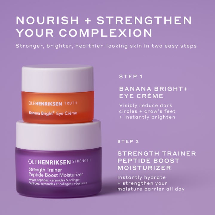 Ole Henriksen Strength Trainer & Banana Bright 22 ml kit ger lyster och fukt med orange och lila burkar i två steg.