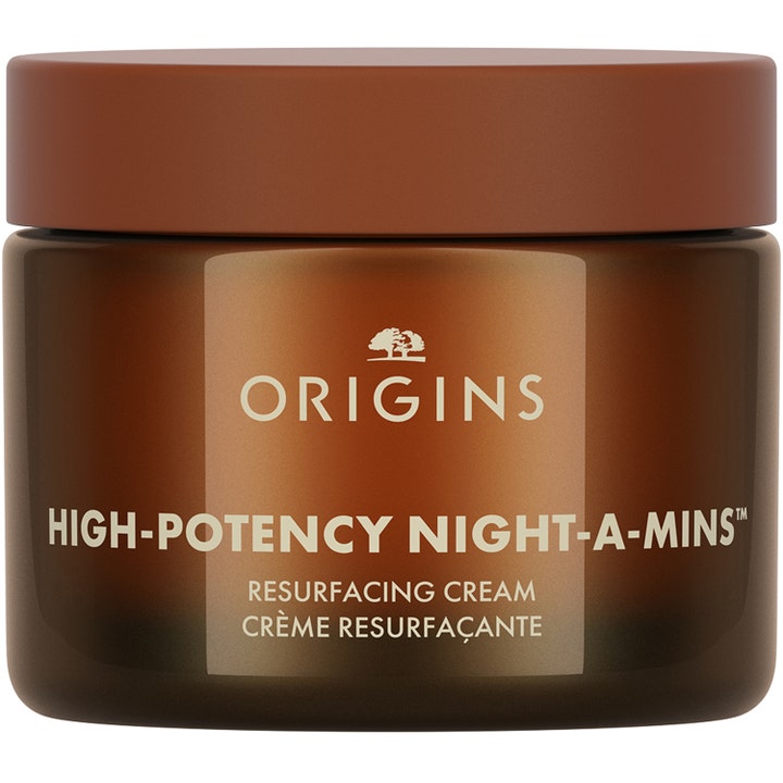 Origins High-Potency Night-A-Mins peeling nattkräm med aha-fruktsyror i en brun burk med matchande brunt lock