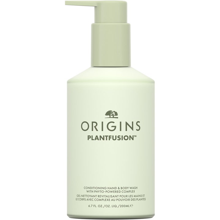 Origins Plantfusion 200 ml lyxig handtvål med pump i en ljusgrön flaska som ger en mjukgörande naturlig kroppstvätt.