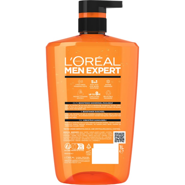 L'Oréal Paris Men Expert Hydra Energetic 1000 ml taurin duschgel i orange pumpflaska visas bredvid en man.