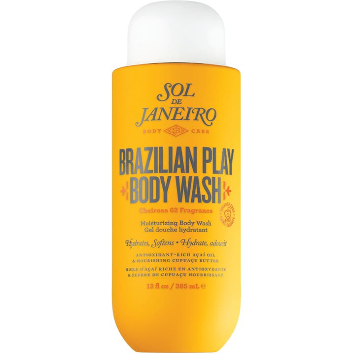 Sol de Janeiro Brazilian Play Body Wash 385 ml mjukgörande brasiliansk duschtvål för torr hud i gul flaska med vitt lock