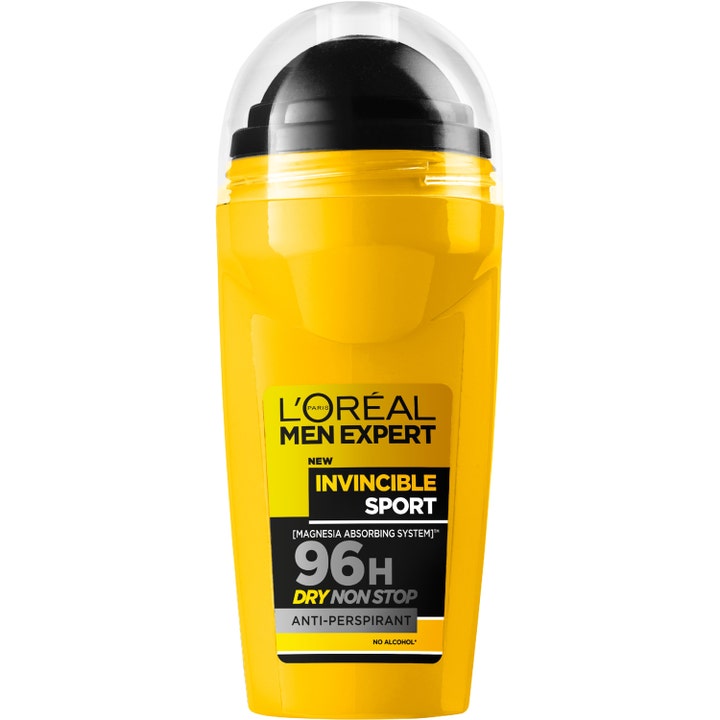 L'Oréal Men Expert Invincible Sport roll-on ger 96h skydd mot svett i en gul plastflaska med svart kula och klart lock.