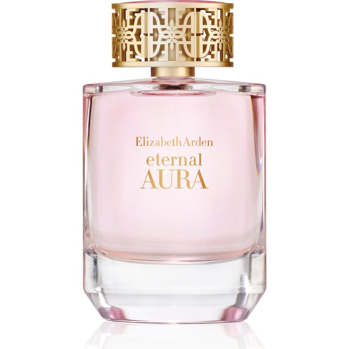 Elizabeth Arden Eternal Aura eau de parfum 100 ml i klar glasflaska med rosa vätska och ett mönstrat guldfärgat lock