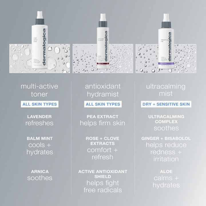 Dermalogica Multi-Active Toner 50 ml återfuktande spray med klara vattendroppar på en vit bakgrund