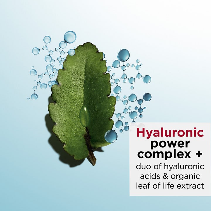 Clarins Hydra-Essentiel 75 ml ansiktsmask med dubbel hyaluronsyra visar ett grönt blad och blå vattenmolekyler