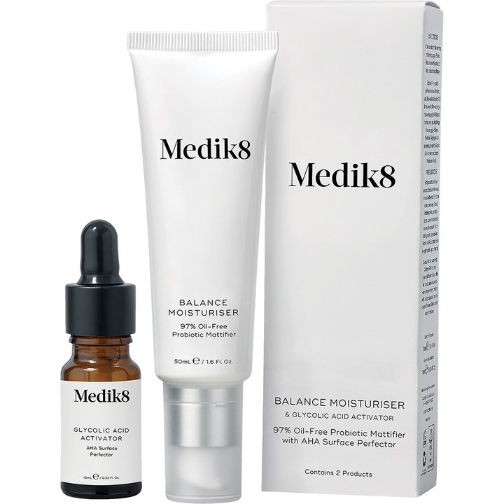 Medik8 Balance Moisturiser 55 ml balanserad probiotika hudvård för fet t-zon med vit tub och glykolsyra ansikte aktivator