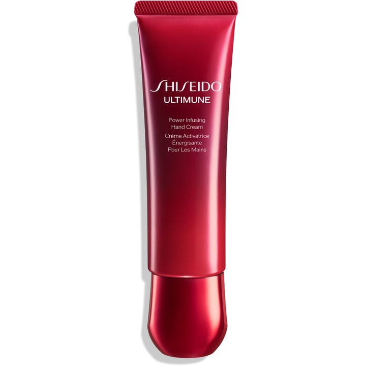 Shiseido Ultimune Power Infusing Hand Cream 75ml stärkande handkräm i en elegant röd metallisk tub med rundad kork