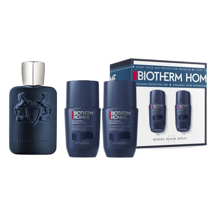 Parfums de Marly Layton bundle 125ml och Biotherm Homme Day Control duo pack mörkblå glasflaska med silverkork och deodoranter