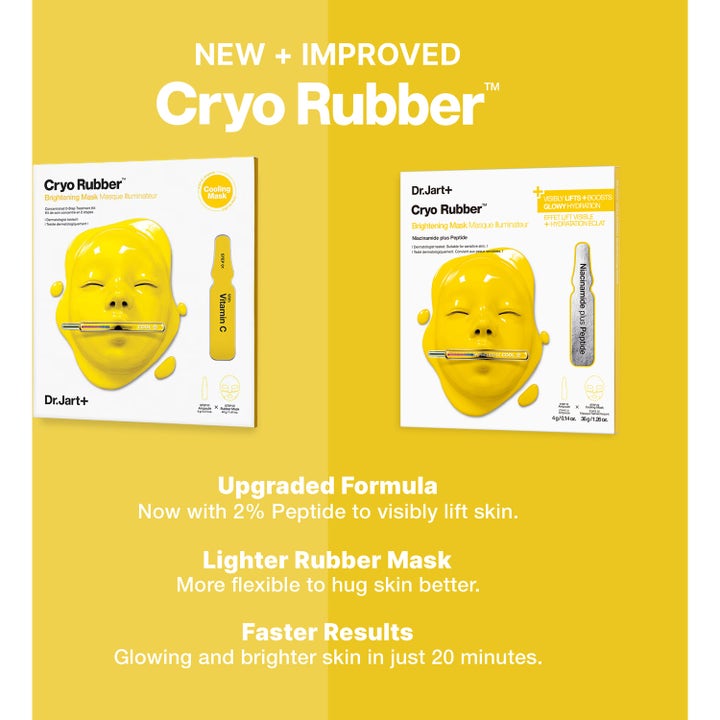 Dr.Jart+ Cryo Rubber Brightening Mask 36 g lystergivande ansiktsmask visar ny gul förpackning med niacinamid och peptid.