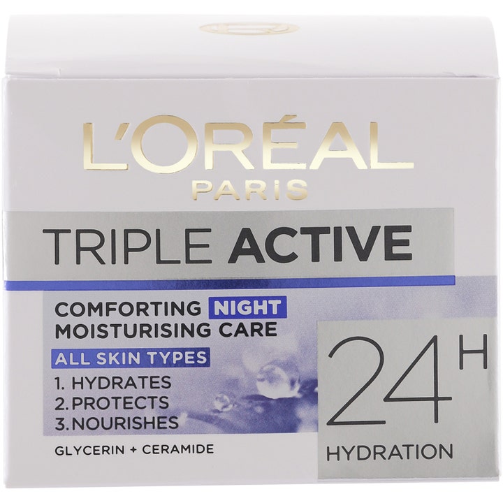 L'Oréal Paris Triple Active Night Cream 50 ml återfuktande nattkräm i vit ytterförpackning med guldtext.