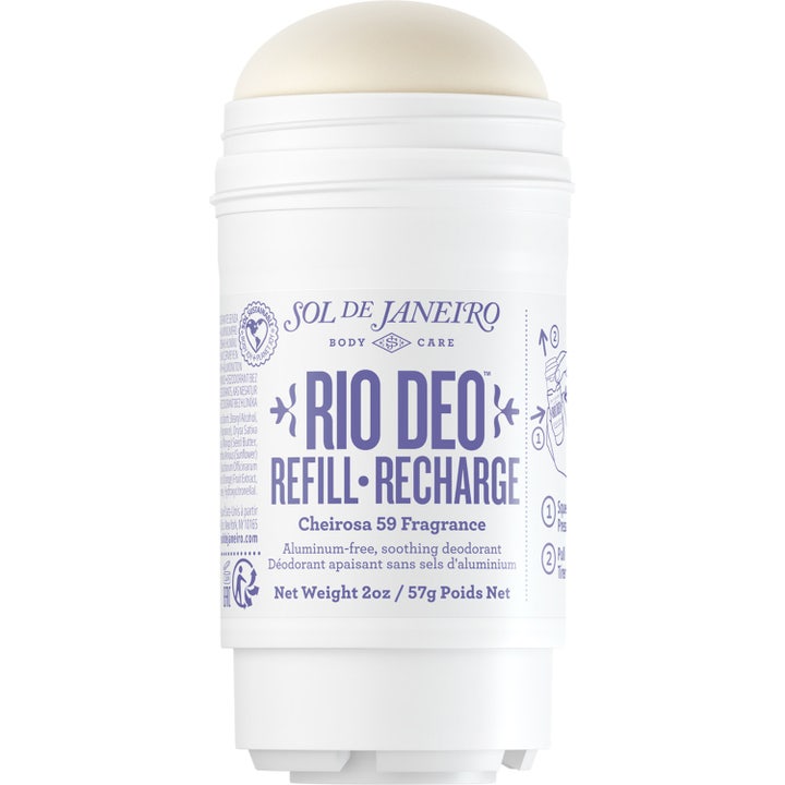 Sol de Janeiro Rio Deo Refill-Recharge 57g hudvänlig deodorant utan aluminium i vit plasthylsa med lila text