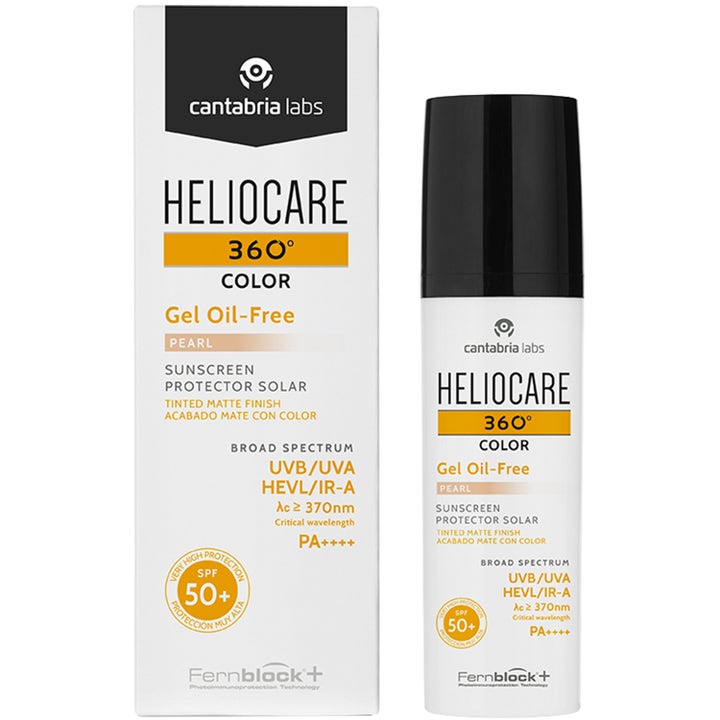 Heliocare 360 Color Gel Oil-Free Pearl 50 ml färgat solskydd ansikte spf 50 i vit pumpflaska med svart lock.