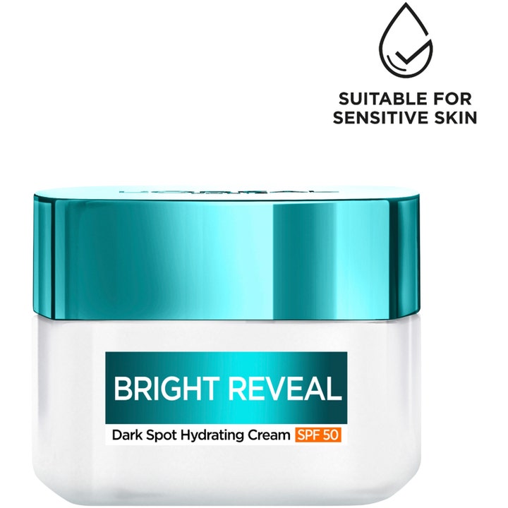 L'Oréal Paris Bright Reveal 50 ml återfuktande dagkräm mot mörka fläckar i vit glasburk med turkost lock och SPF 50.