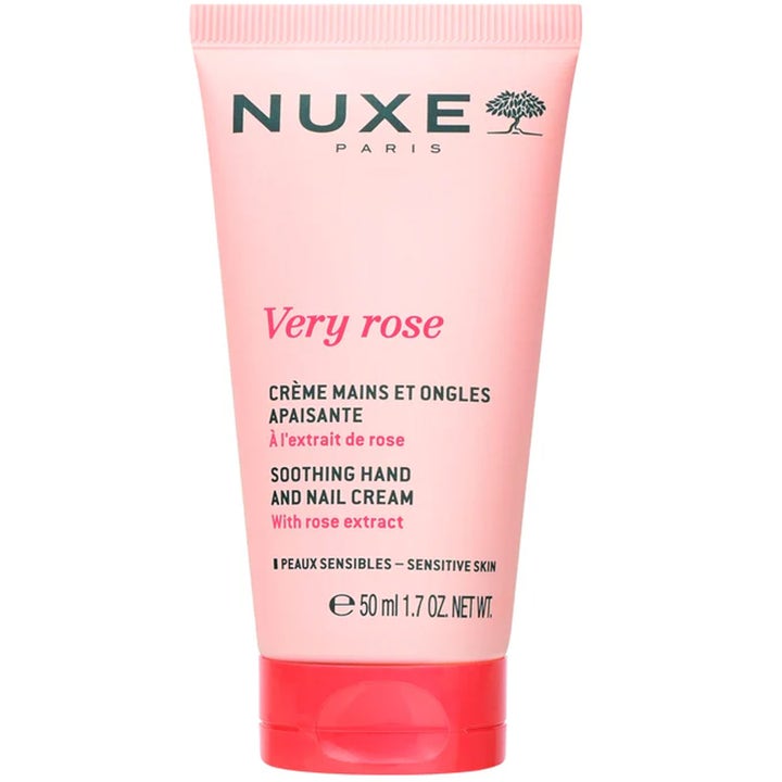Nuxe Very Rose 50 ml lugnande handkräm och nagelkräm i en ljusrosa tub med rött lock