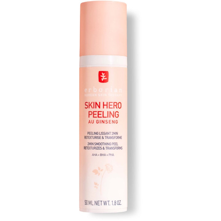 Erborian Skin Hero Peeling 50 ml 2-minuters ansiktspeeling med vit ginseng i en persikofärgad cylinderformad flaska