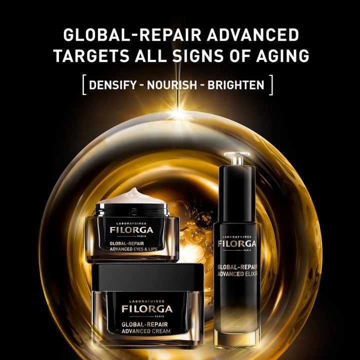 FILORGA Global-Repair Advanced Eyes & Lips 15 ml ögonkräm i gyllene bubbla med texten Densify Nourish Brighten.