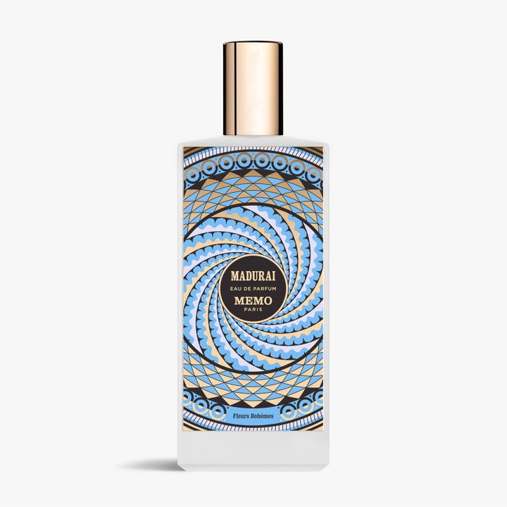 Memo Paris Madurai Eau de Parfum 75 ml bohemisk sensuell parfym i vit flaska med guldlock och ett virvlande blått mönster