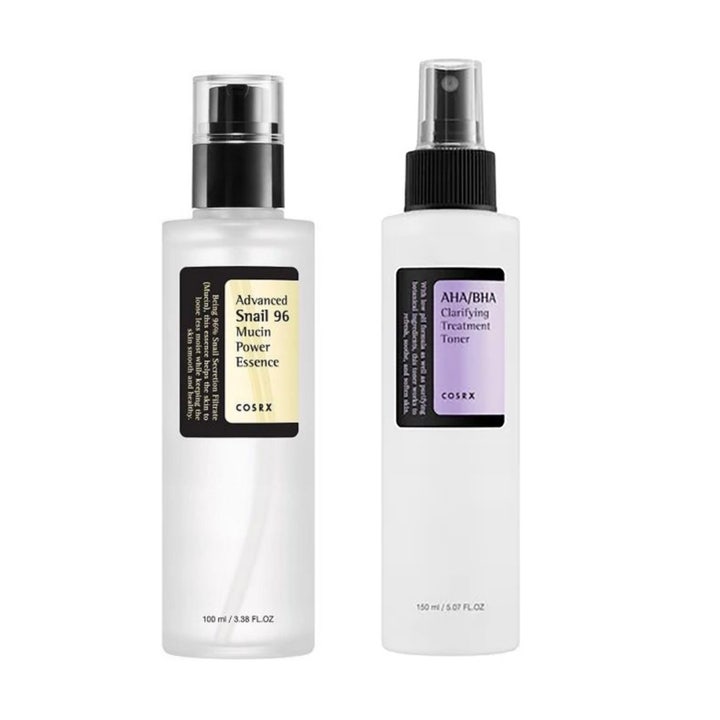 COSRX Advanced Snail Essence 100ml och AHA/BHA Toner 150ml ger lyster i frostade flaskor med pump och spraymunstycke