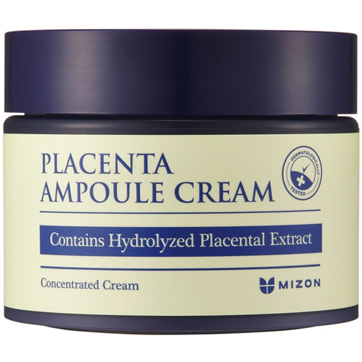 Mizon Placenta Ampoule Cream 50ml antiaging kräm i en mörkblå burk med beige etikett som ger huden ny lyster