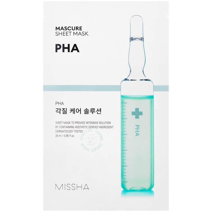 Missha Mascure Sheet Mask PHA 28 ml exfolierande peeling mask i vit förpackning med en illustration av en turkos ampull