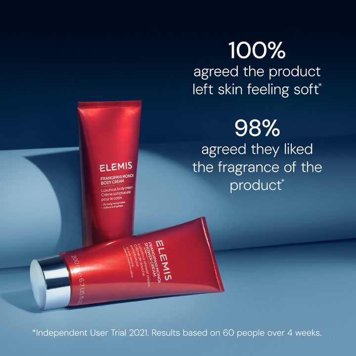 Elemis Frangipani Monoi Body Cream 200 ml lyxig återfuktande kroppskräm med text om mjuka resultat.