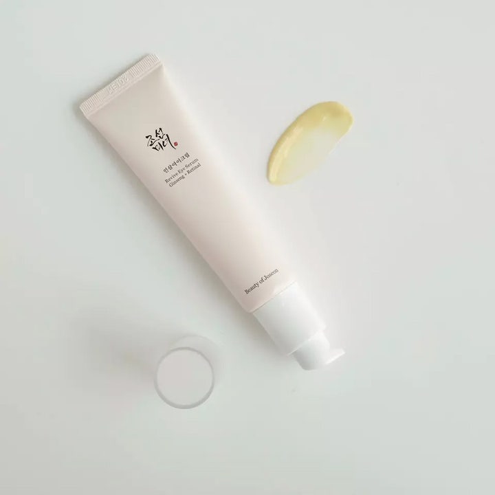 Beauty of Joseon Revive Eye Serum återfuktande ögonvård i beige tub med pump och gul krämig textur