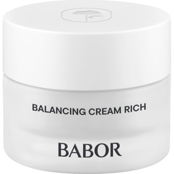 Babor balanserande ansiktskräm Skinovage Balancing Cream Rich i en frostad glasburk med stilrent vitt lock
