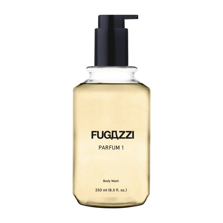 Fugazzi Parfum 1 250 ml Body Wash som rengör huden i en genomskinlig flaska med svart pumpmunstycke