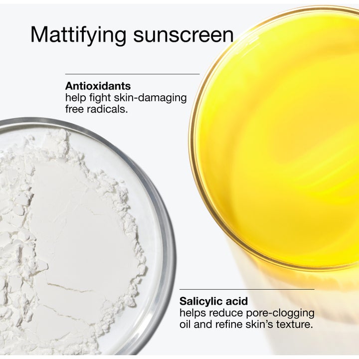 Clinique UV Solutions Mattifying Sunscreen SPF 50 40 ml dagkräm med vitt pulver och gul vätska i petri-skålar