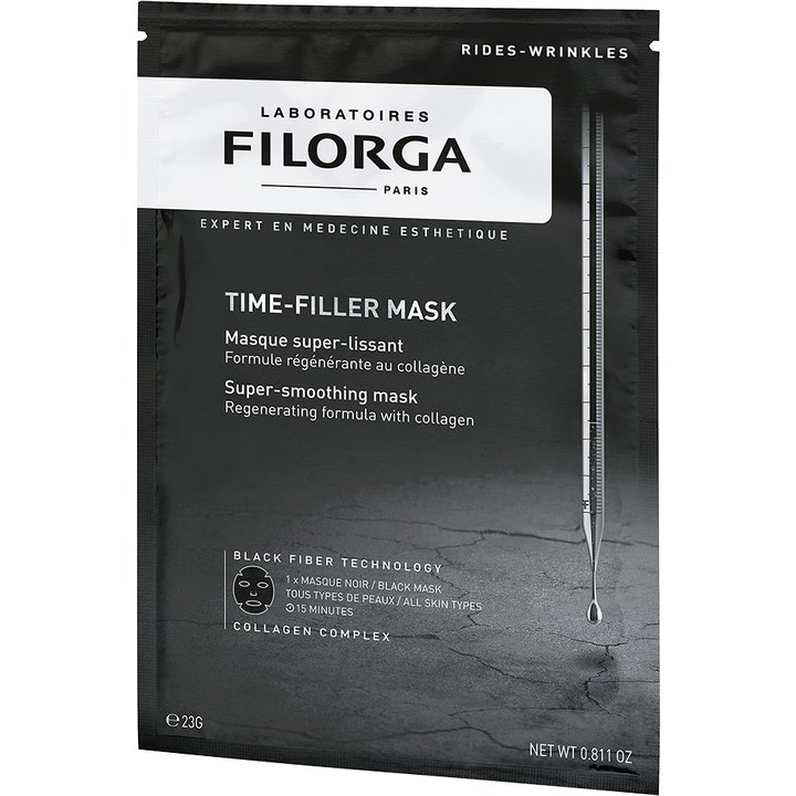 Filorga Time-Filler Mask 23g anti age mask collagen mot rynkor i en svart engångsförpackning med vit text och illustration.