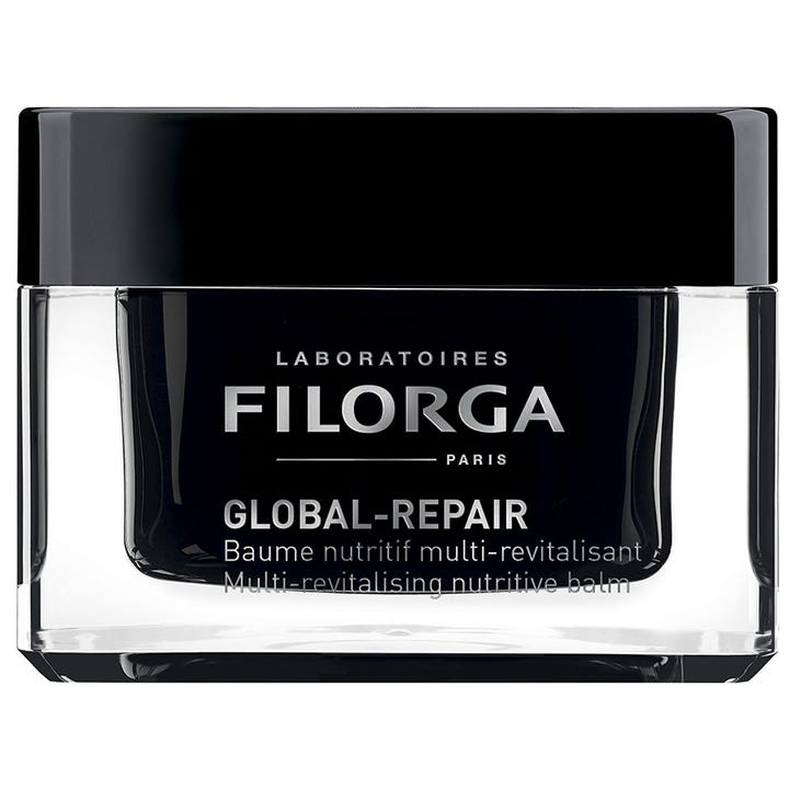 Filorga Global-Repair Baume 50 ml antiaging balm som ger näring i en genomskinlig glasburk med svart innerhölje och lock