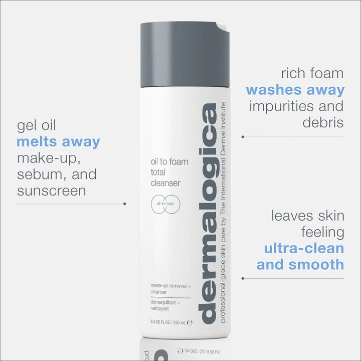 Dermalogica Oil to Foam Cleanser 250 ml vit flaska med text om hur gel-olja tar bort smink och ger ren hud.