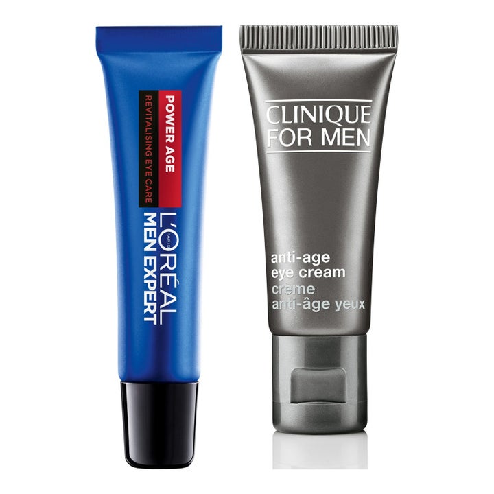 L'Oréal Men Expert och Clinique For Men anti-age ögonkräm för herrar i blå och grå plasttub som ger en piggare blick
