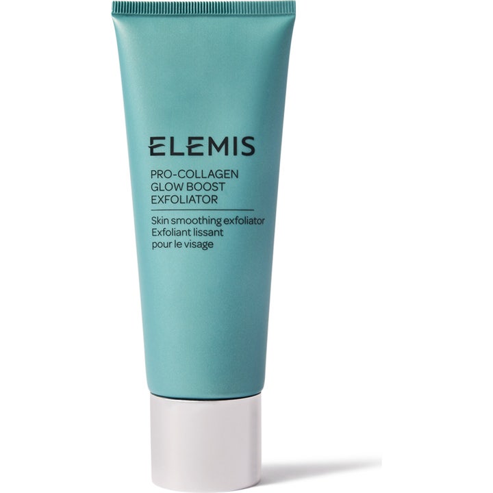 Elemis Pro-Collagen Glow Boost Exfoliator lystergivande ansiktsskrubb collagen i en blågrön tub med silverkork