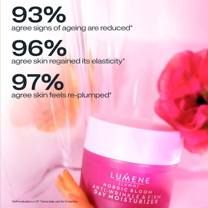 Lumene Nordic Bloom 50 ml rynkreducerande uppstramande kräm i rosa burk med text om ökad elasticitet och fyllighet.