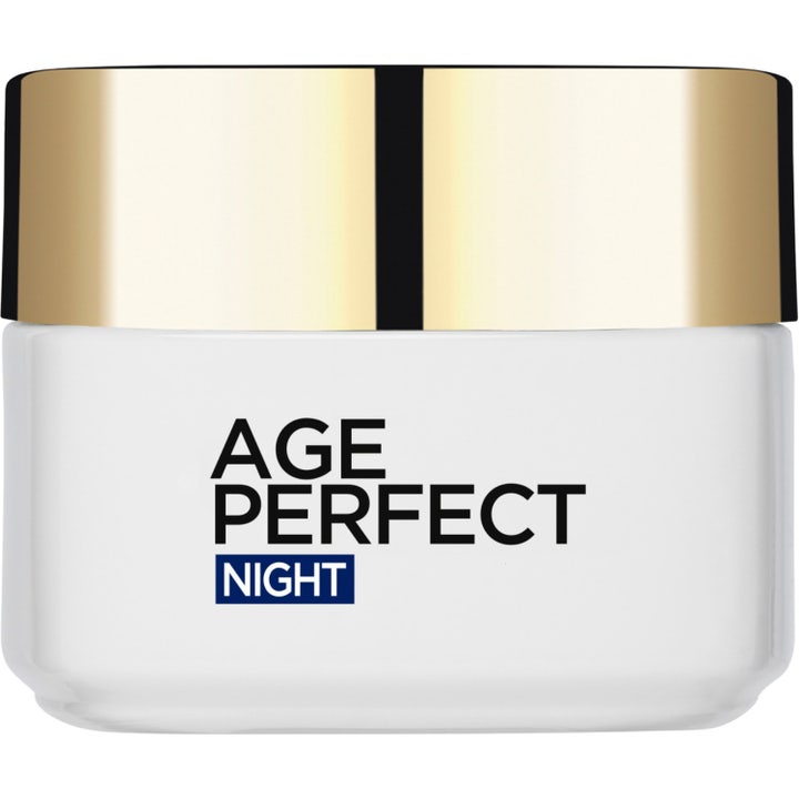 L'Oréal Paris Age Perfect Night 50 ml näringsrik återfuktande nattkräm i vit glasburk med guldfärgat lock
