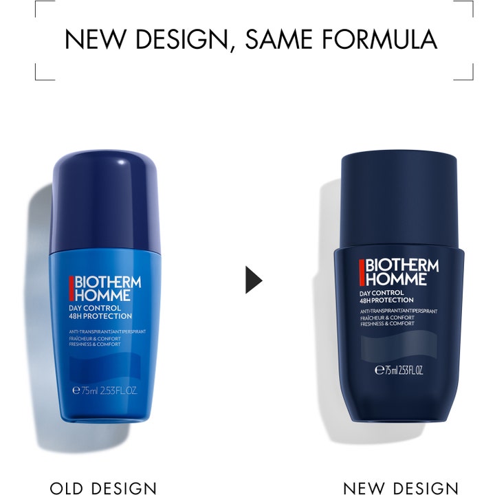Biotherm Homme Day Control Deodorant 75ml ger 48h skydd och visar ny mörkblå design jämfört med gammal ljusblå flaska