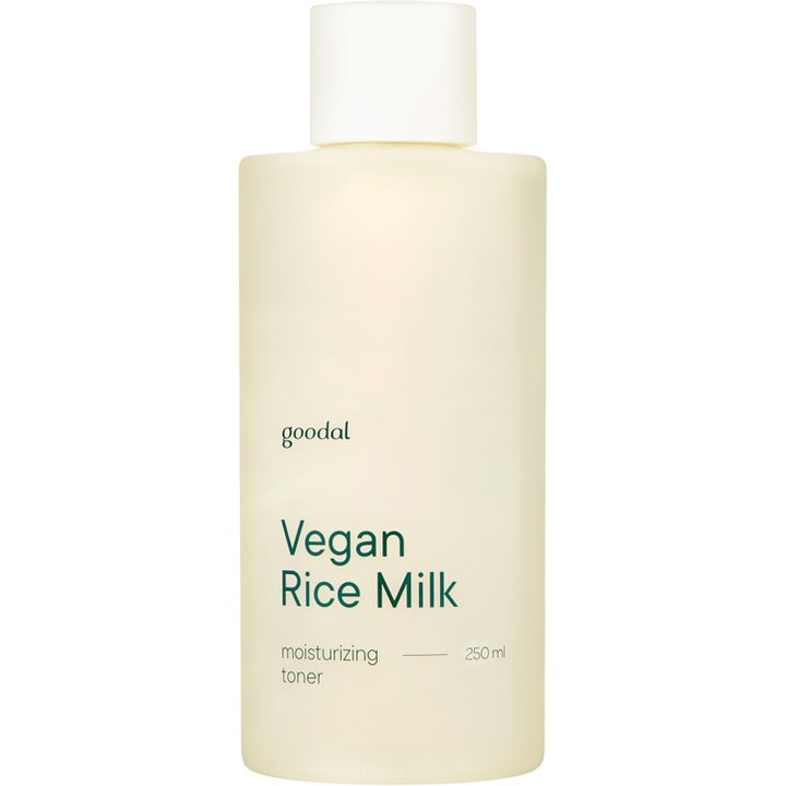 Goodal Vegan Rice Milk 250 ml fuktgivande rismjölk toner i en frostad flaska med vitt lock för djup återfuktning