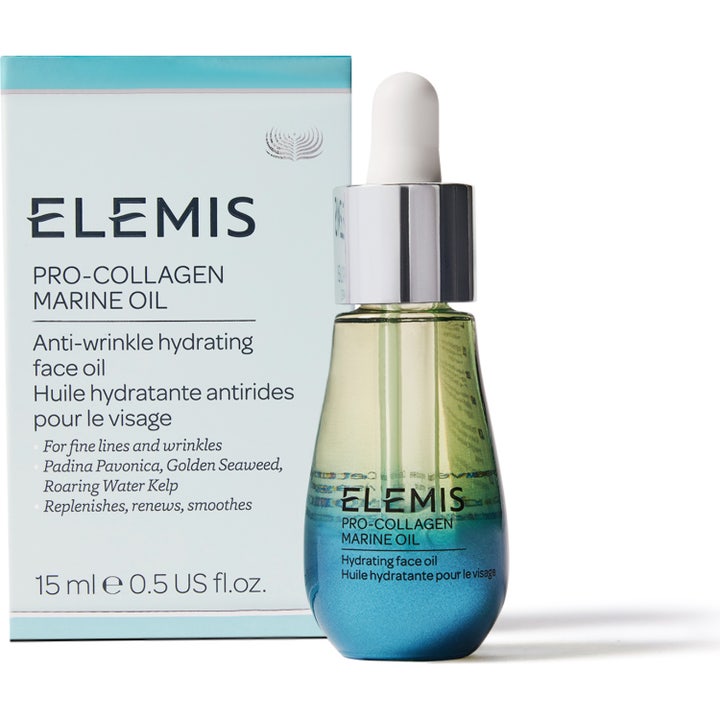 Elemis Pro-Collagen Marine Oil 15 ml ansiktsolja för mogen hud i en blåtonad droppflaska med ytterförpackning.