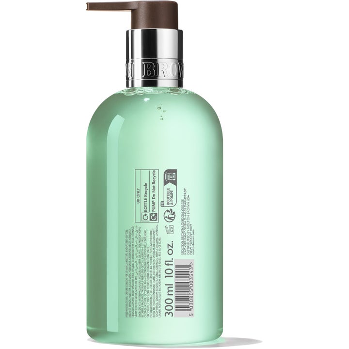 Molton Brown Refined White Mulberry 300 ml exklusiv handtvål pump i ljusgrön nyans sedd från baksidan med ingredienslista.